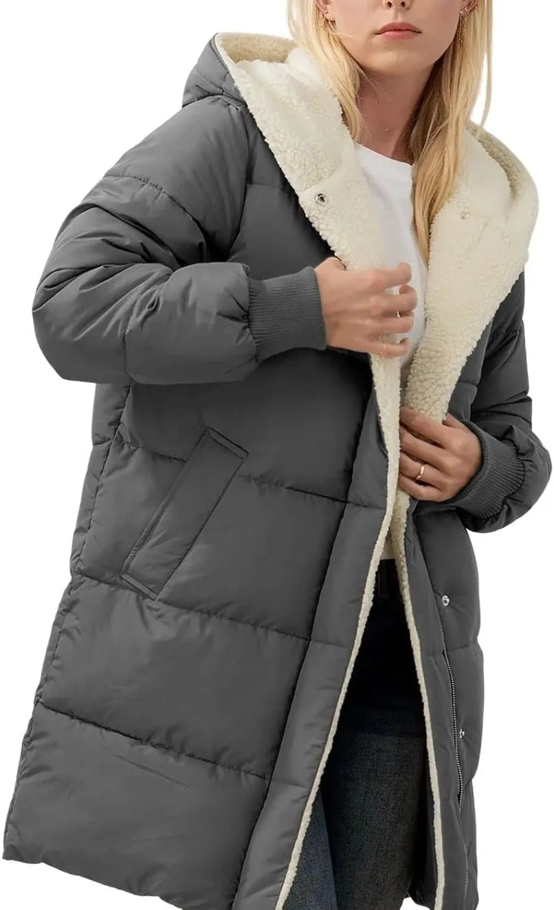 ebossy Women's Winter Warm Puffer Coat Hooded Down Jacket Cotton Padded Thicken Outwear with Sherpa Lined