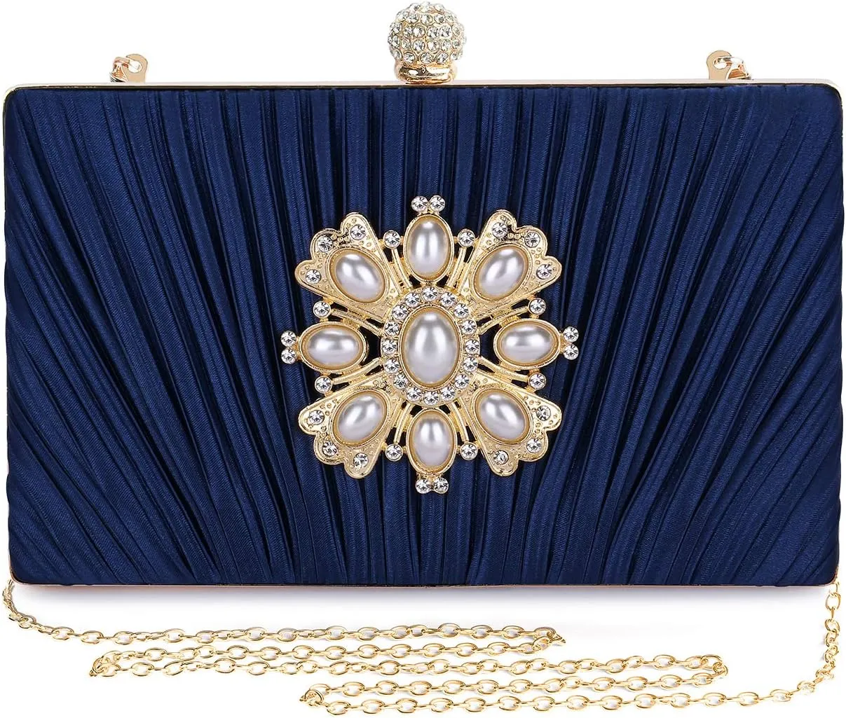 Evening Bags For Women Pleated Satin Rhinestone Brooch Clutch Purse With Detachable Chain Strap