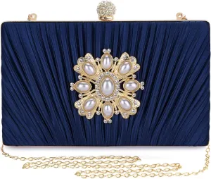 Evening Bags For Women Pleated Satin Rhinestone Brooch Clutch Purse With Detachable Chain Strap