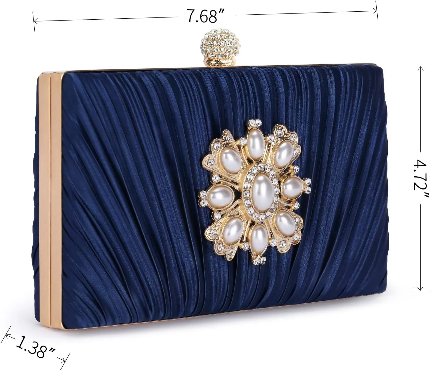 Evening Bags For Women Pleated Satin Rhinestone Brooch Clutch Purse With Detachable Chain Strap