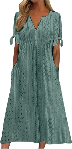 Eyelet Dress for Women Boho Summer Beach Vacation Loose Short Sleeve Cold Shoulder Shift Midi Dress with Pockets