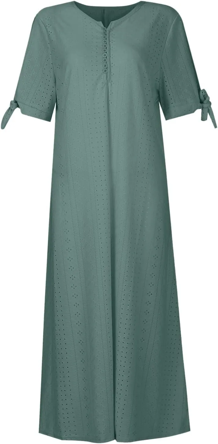 Eyelet Dress for Women Boho Summer Beach Vacation Loose Short Sleeve Cold Shoulder Shift Midi Dress with Pockets