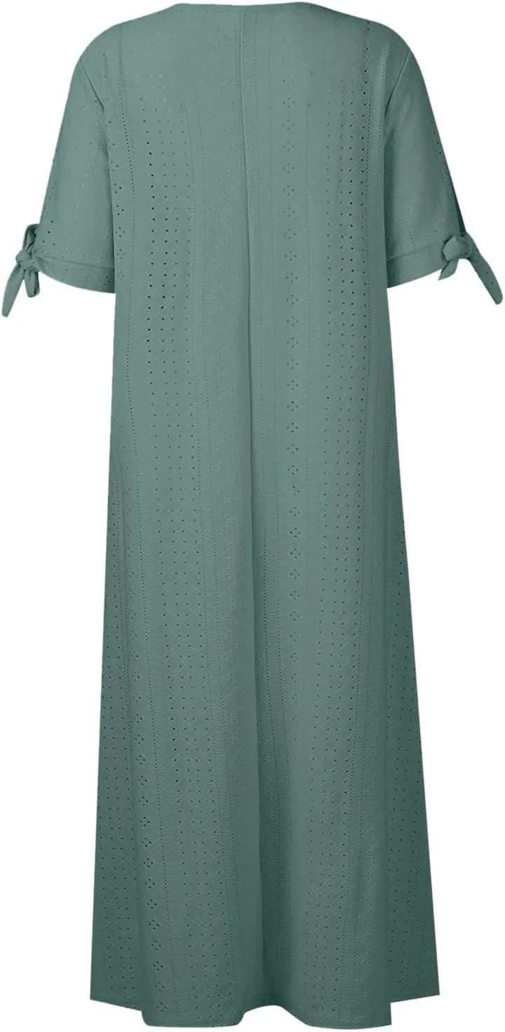 Eyelet Dress for Women Boho Summer Beach Vacation Loose Short Sleeve Cold Shoulder Shift Midi Dress with Pockets
