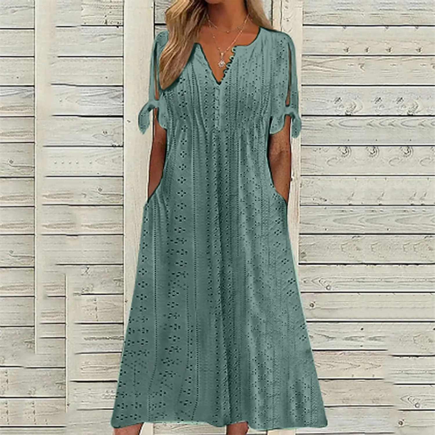 Eyelet Dress for Women Boho Summer Beach Vacation Loose Short Sleeve Cold Shoulder Shift Midi Dress with Pockets