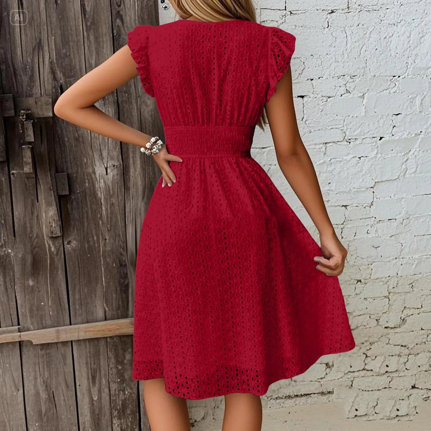 Eyelet Dresses for Women 2025 Cute Summer V Neck Cap Sleeve Smocked Empire Waist Knee Length Fit and Flare Dress