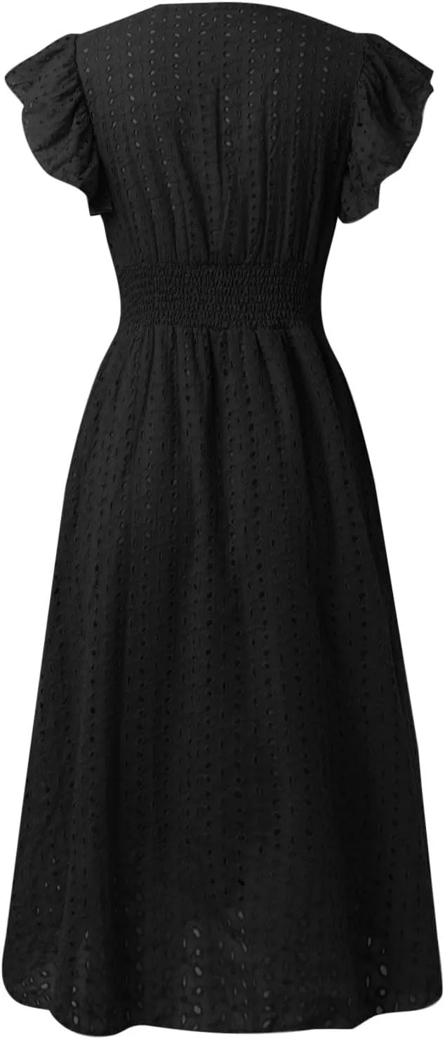 Eyelet Dresses for Women 2025 Cute Summer V Neck Cap Sleeve Smocked Empire Waist Knee Length Fit and Flare Dress