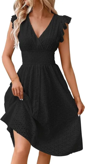 Eyelet Dresses for Women 2025 Cute Summer V Neck Cap Sleeve Smocked Empire Waist Knee Length Fit and Flare Dress