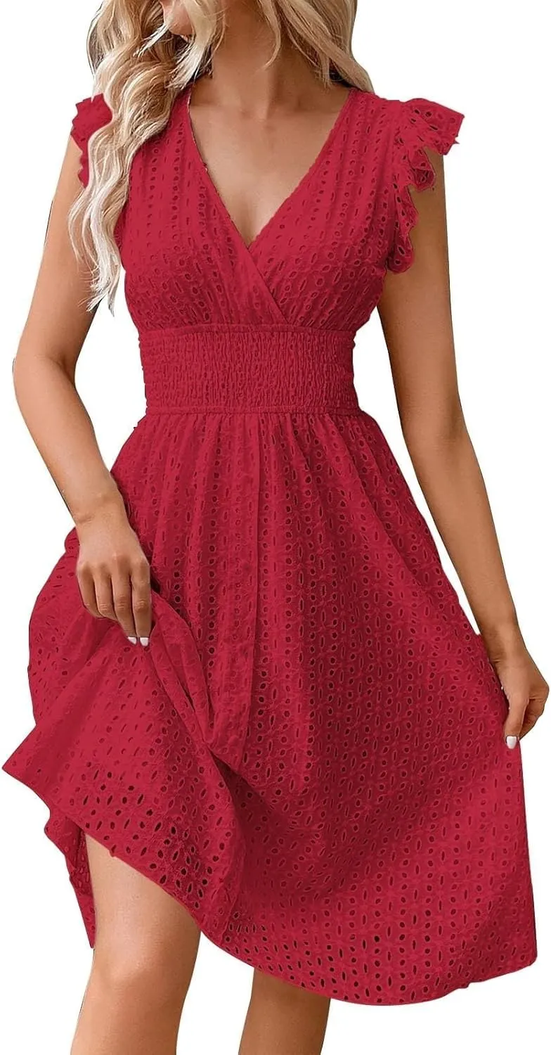 Eyelet Dresses for Women 2025 Cute Summer V Neck Cap Sleeve Smocked Empire Waist Knee Length Fit and Flare Dress