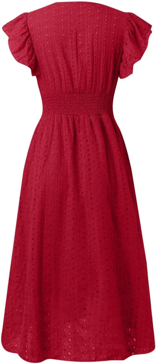 Eyelet Dresses for Women 2025 Cute Summer V Neck Cap Sleeve Smocked Empire Waist Knee Length Fit and Flare Dress