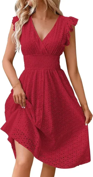 Eyelet Dresses for Women 2025 Cute Summer V Neck Cap Sleeve Smocked Empire Waist Knee Length Fit and Flare Dress
