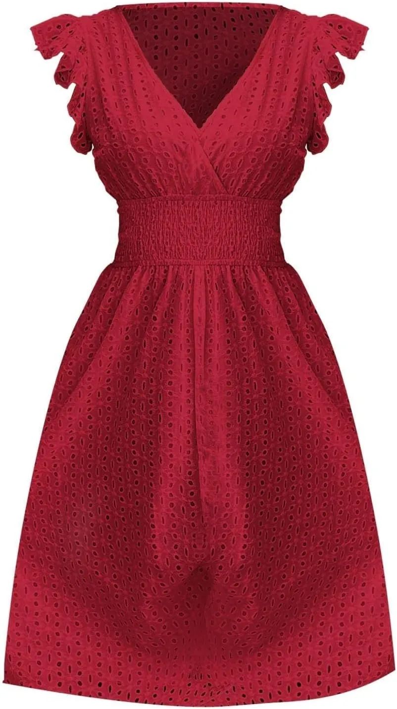 Eyelet Dresses for Women 2025 Cute Summer V Neck Cap Sleeve Smocked Empire Waist Knee Length Fit and Flare Dress