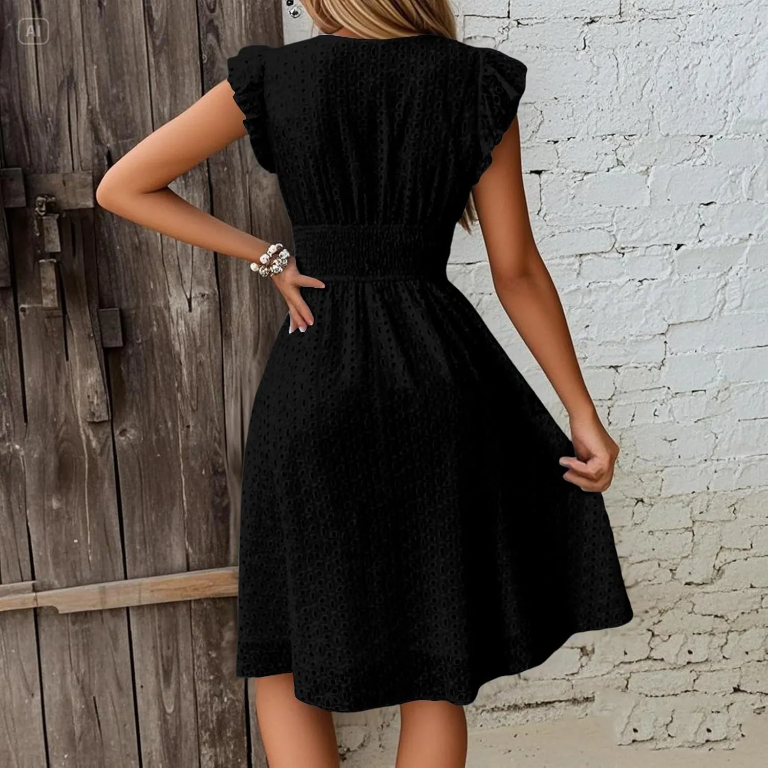 Eyelet Dresses for Women 2025 Cute Summer V Neck Cap Sleeve Smocked Empire Waist Knee Length Fit and Flare Dress