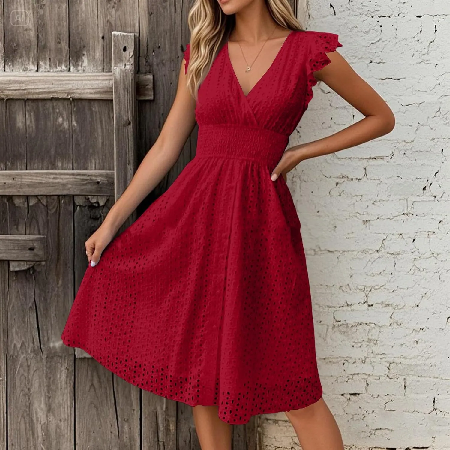 Eyelet Dresses for Women 2025 Cute Summer V Neck Cap Sleeve Smocked Empire Waist Knee Length Fit and Flare Dress