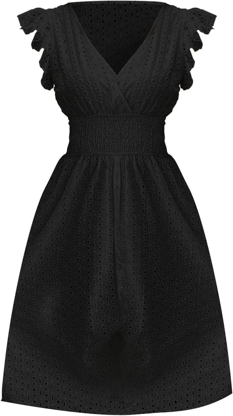 Eyelet Dresses for Women 2025 Cute Summer V Neck Cap Sleeve Smocked Empire Waist Knee Length Fit and Flare Dress