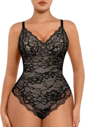 FeelinGirl Bodysuits for Women Shapewear Tummy Control Body Suits V-Neck Lace Tops Tank Backless Body Shaper Black L