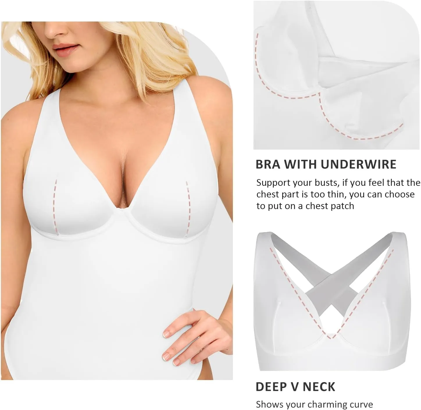 FeelinGirl Deep V Neck Bodysuits for Women Tummy Control Body Shaper Sleeveless Cross Back Tank Tops Body Suits Thong