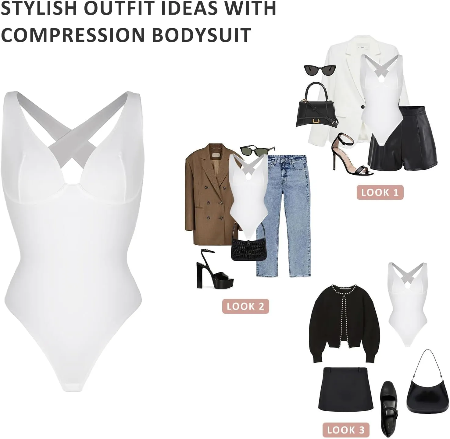 FeelinGirl Deep V Neck Bodysuits for Women Tummy Control Body Shaper Sleeveless Cross Back Tank Tops Body Suits Thong