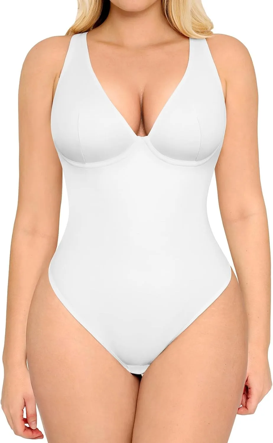 FeelinGirl Deep V Neck Bodysuits for Women Tummy Control Body Shaper Sleeveless Cross Back Tank Tops Body Suits Thong