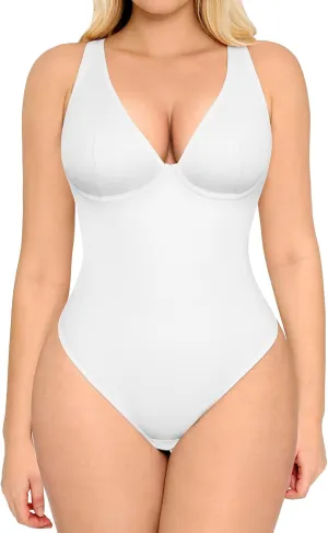 FeelinGirl Deep V Neck Bodysuits for Women Tummy Control Body Shaper Sleeveless Cross Back Tank Tops Body Suits Thong