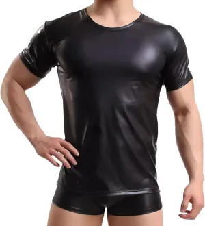FEOYA Leather Shirt Men Shiny Slim Fit Tank Top Sexy Faux Leather Latex Clothing Wetlook Club Party Undershirts