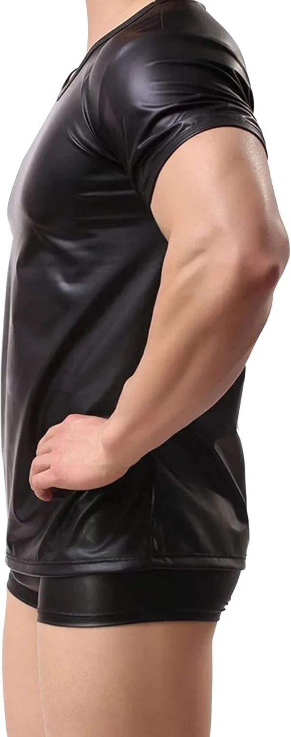 FEOYA Leather Shirt Men Shiny Slim Fit Tank Top Sexy Faux Leather Latex Clothing Wetlook Club Party Undershirts