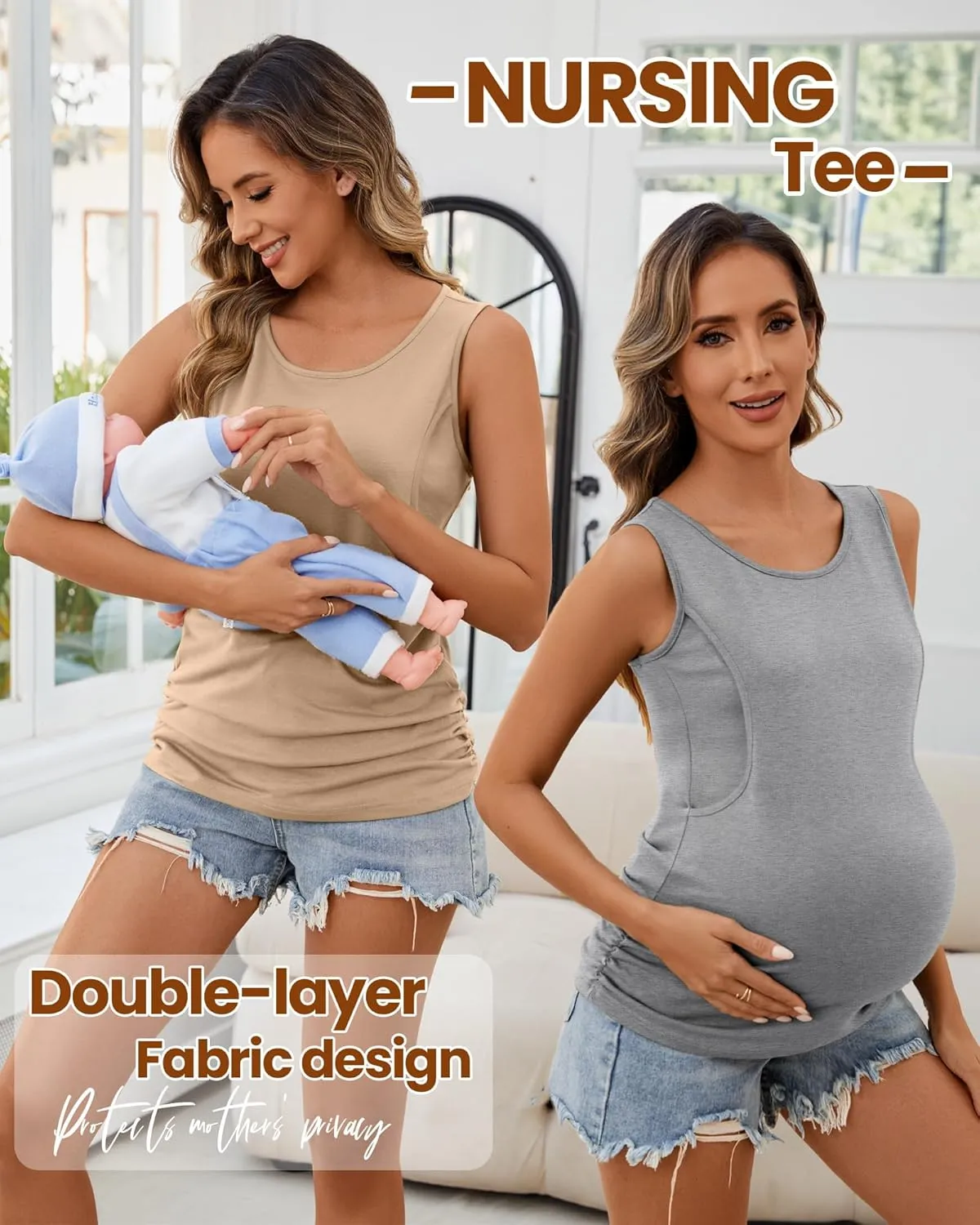 Ficerd 4 Pack Women's Cotton Nursing Tank Tops Sleeveless Breastfeeding Maternity Shirts Double Layer Pregnancy Clothes