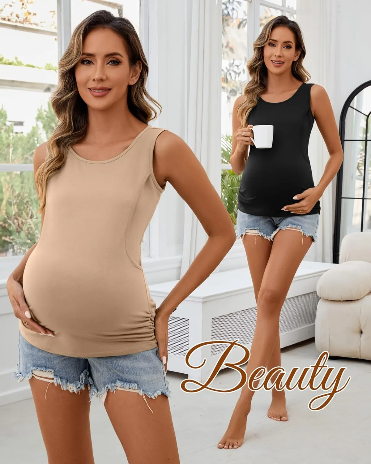 Ficerd 4 Pack Women's Cotton Nursing Tank Tops Sleeveless Breastfeeding Maternity Shirts Double Layer Pregnancy Clothes