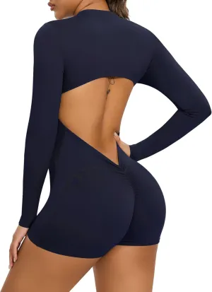 FITTOO Women's Long Sleeve Workout Jumpsuits Zip Up Romper Shorts One Piece V Back Scrunch Butt Bodysuit Backless Bodycon
