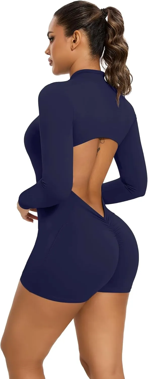 FITTOO Women's Long Sleeve Workout Jumpsuits Zip Up Romper Shorts One Piece V Back Scrunch Butt Bodysuit Backless Bodycon