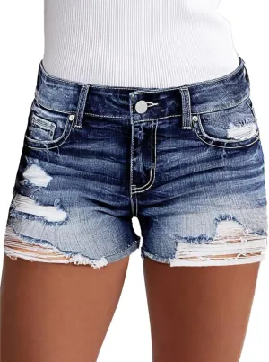 Flamingals Jean Shorts for Women Mid Waisted Stretchy Ripped Denim Shorts Raw Hem Curvy Summer Trendy