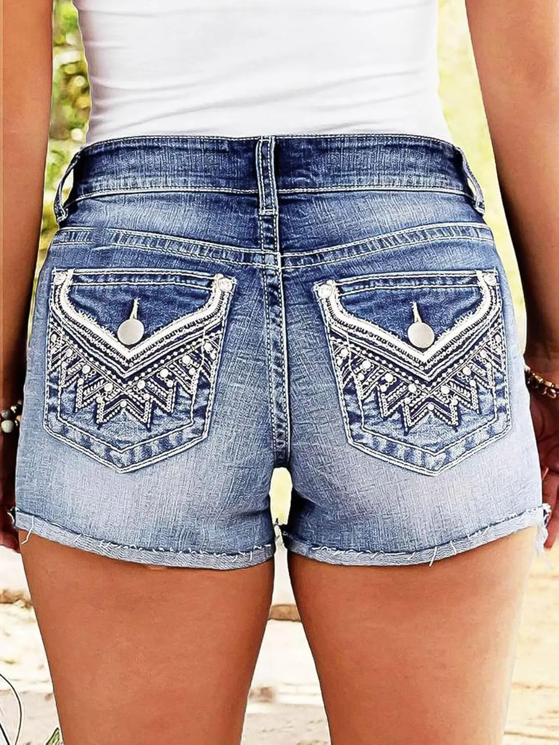 Flamingals Jean Shorts for Women Mid Waisted Stretchy Ripped Denim Shorts Raw Hem Curvy Summer Trendy