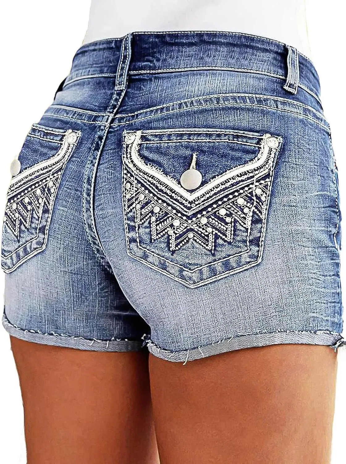 Flamingals Jean Shorts for Women Mid Waisted Stretchy Ripped Denim Shorts Raw Hem Curvy Summer Trendy
