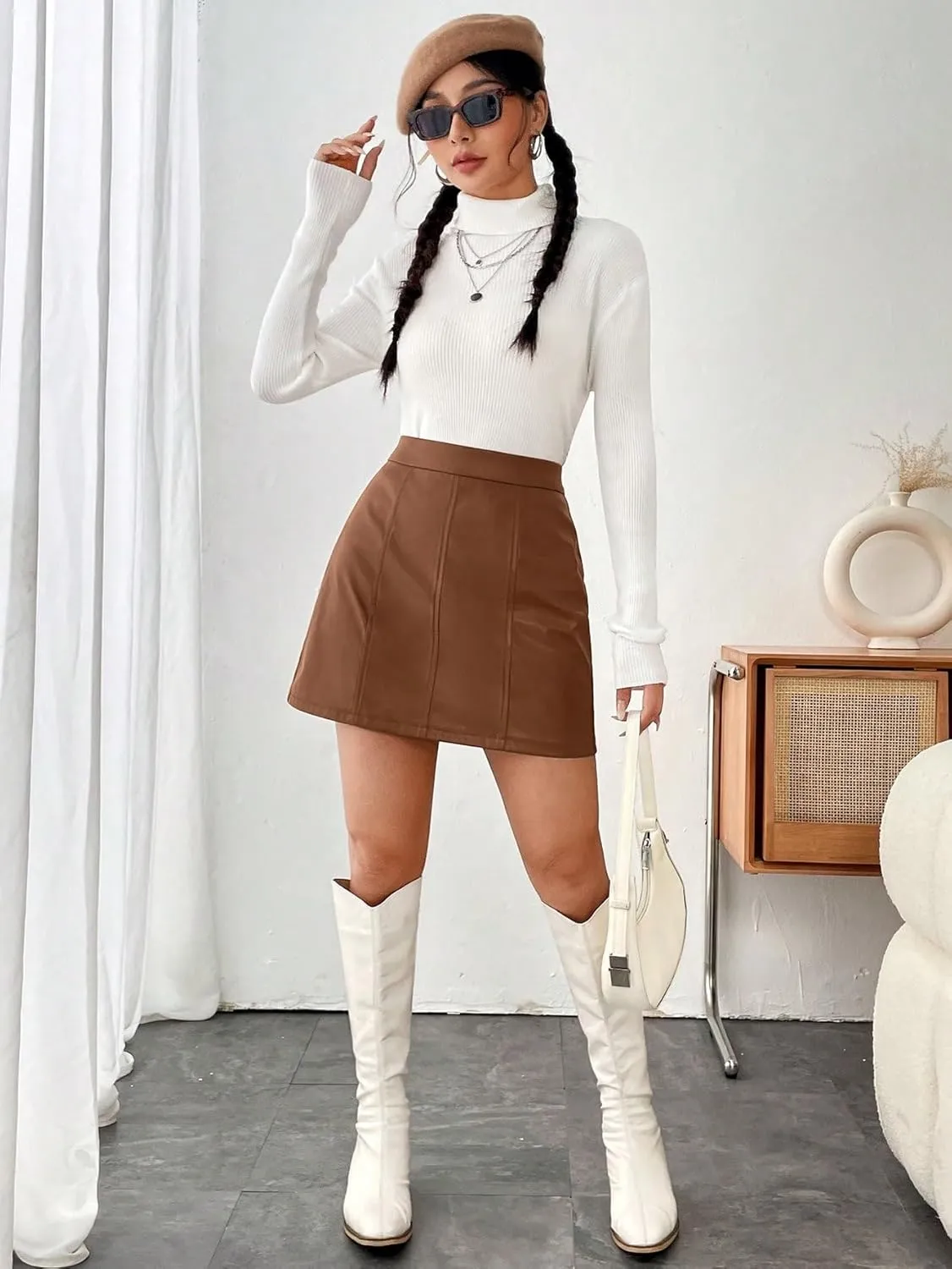 Floerns Women's Faux Leather Bodycon Split Mini Skirt