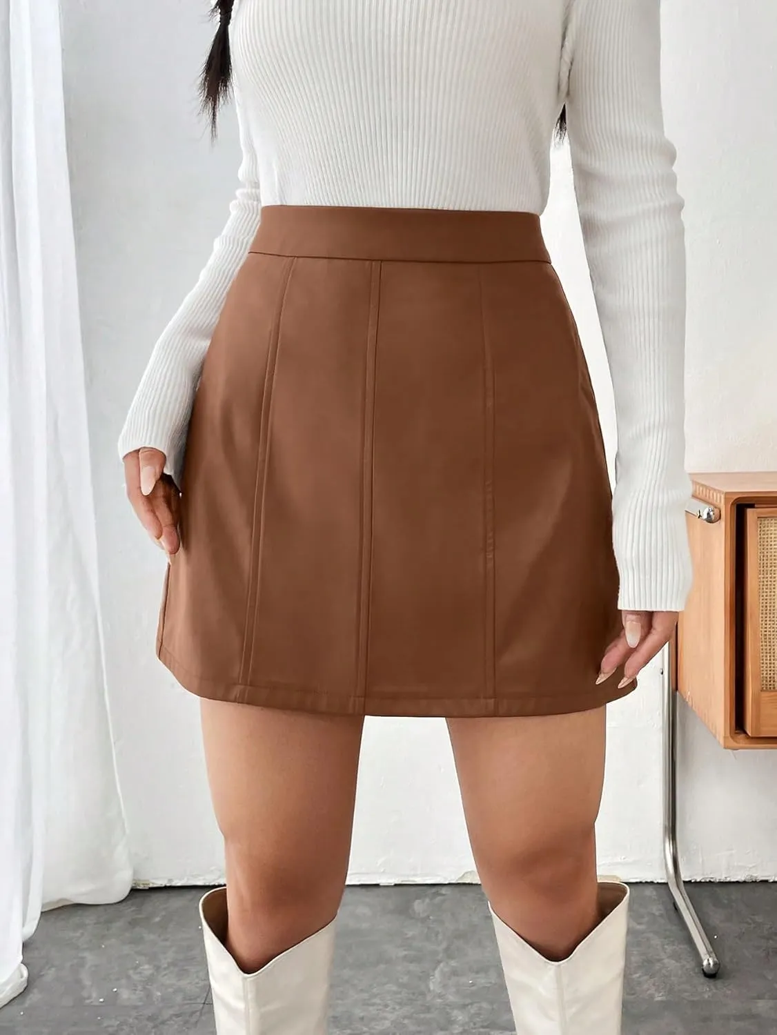 Floerns Women's Faux Leather Bodycon Split Mini Skirt