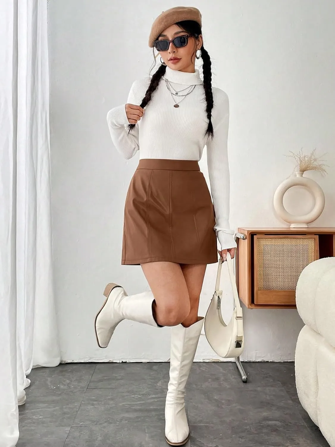 Floerns Women's Faux Leather Bodycon Split Mini Skirt