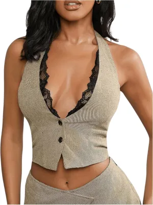Floerns Women's Lace Trim Halter Neck Waistcoat Button Down Sleeveless Vest Crop Tops