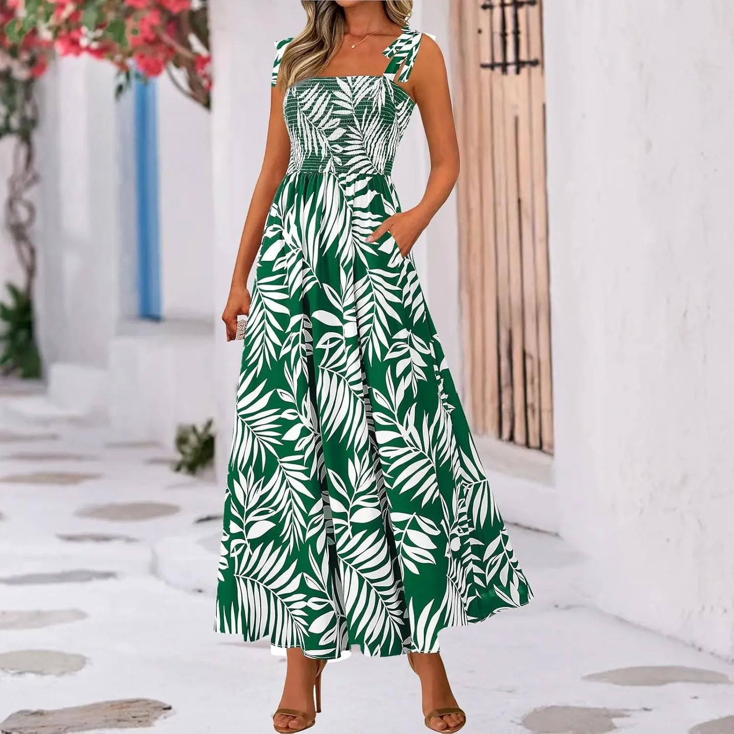 Floral Maxi Dress Summer Boho Beach Vacation Tie Strap Smocked Empire Waist Long Fit and Flare Dress with Pockets