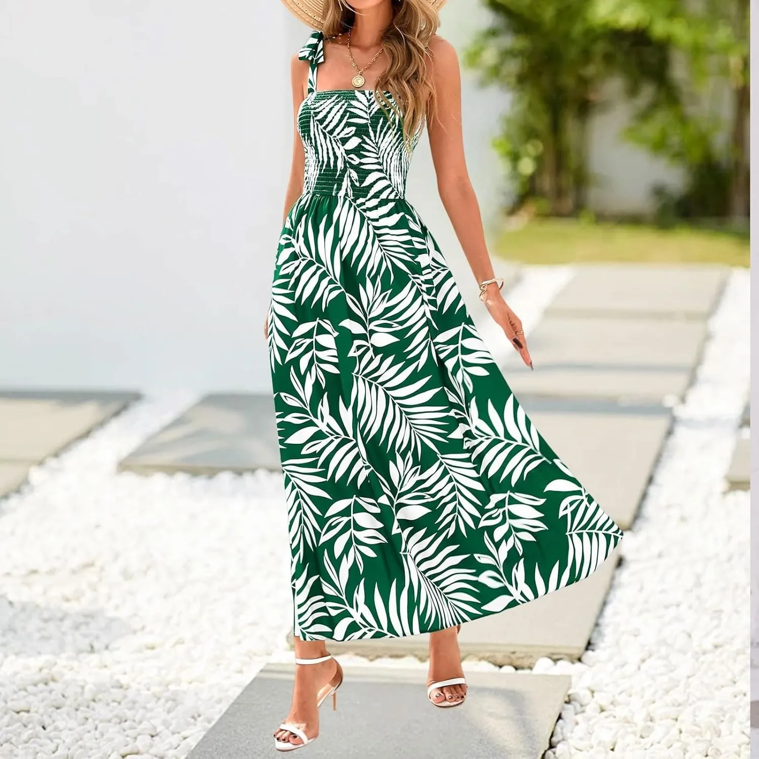 Floral Maxi Dress Summer Boho Beach Vacation Tie Strap Smocked Empire Waist Long Fit and Flare Dress with Pockets