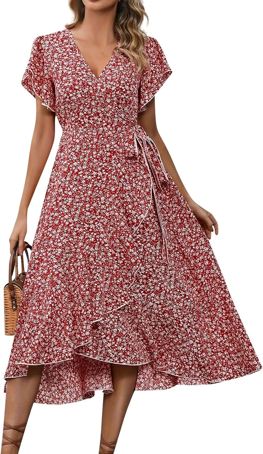 Floral Midi Dress for Women Summer V Neck Flutter Sleeve Empire Waist Belted Ruffle Midi Dress for Wedding Guest