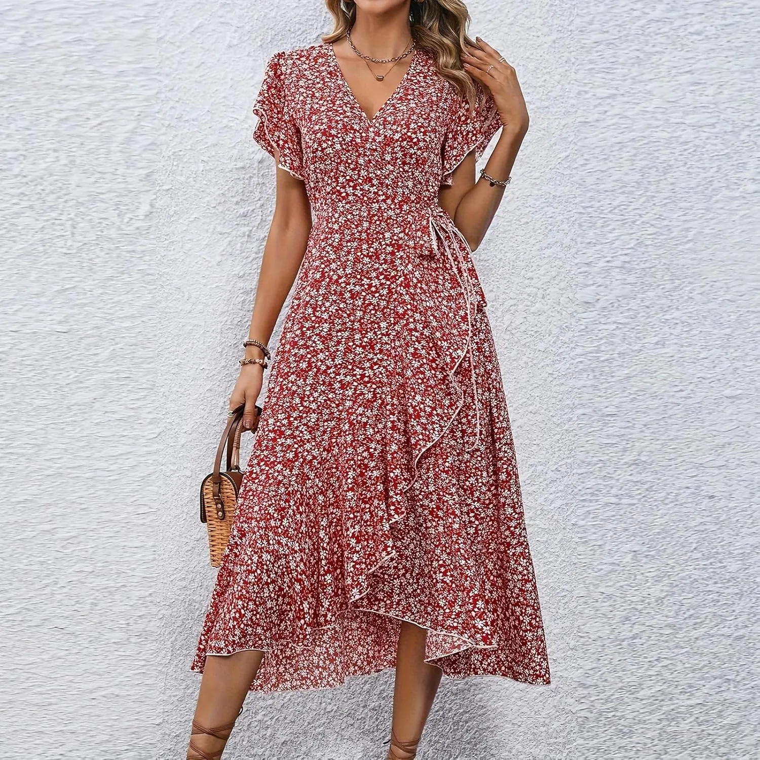 Floral Midi Dress for Women Summer V Neck Flutter Sleeve Empire Waist Belted Ruffle Midi Dress for Wedding Guest
