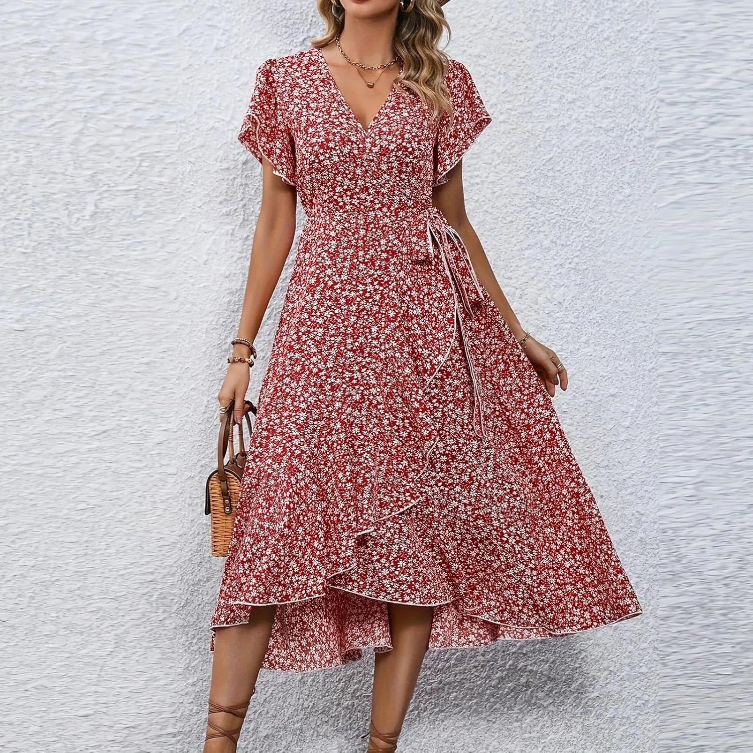 Floral Midi Dress for Women Summer V Neck Flutter Sleeve Empire Waist Belted Ruffle Midi Dress for Wedding Guest