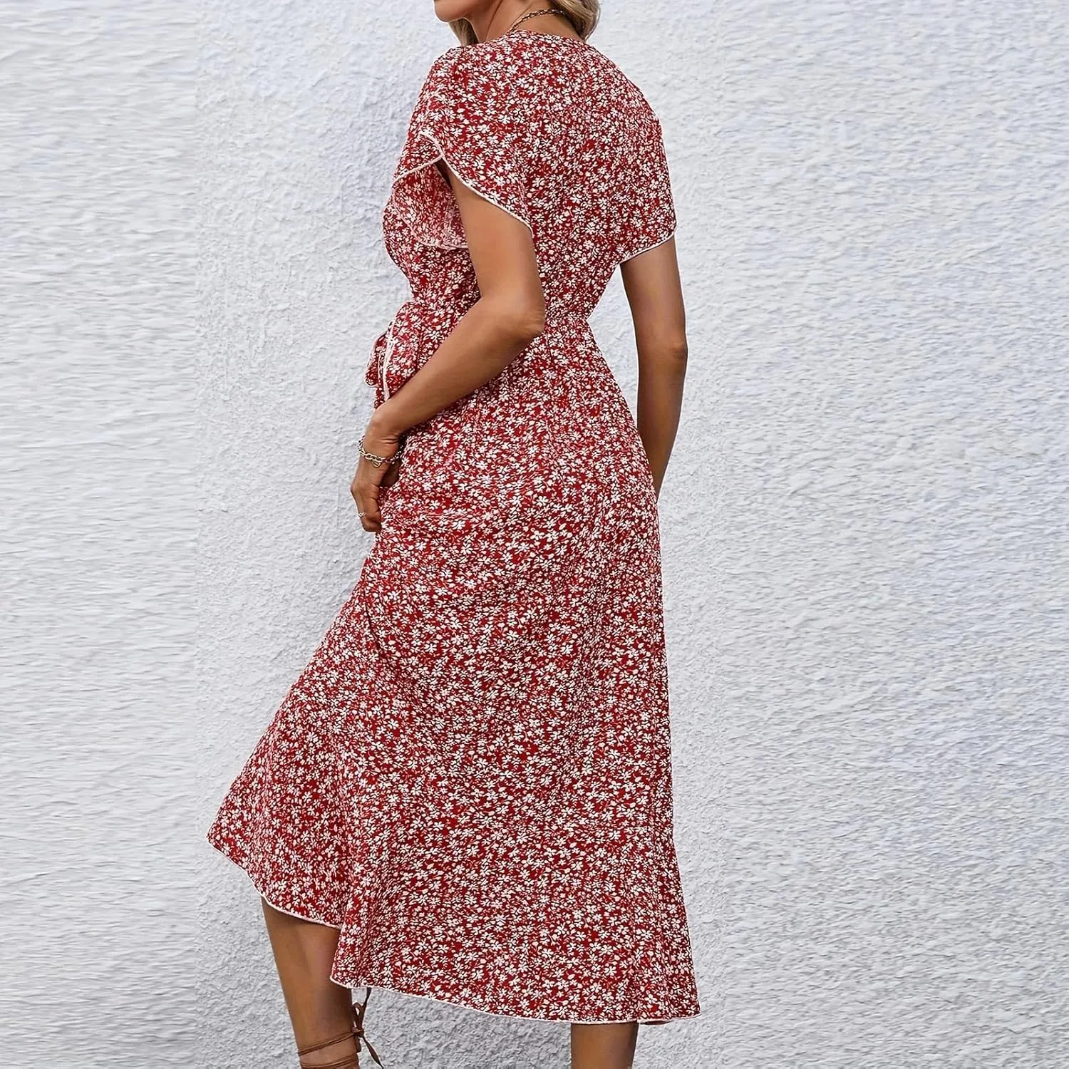 Floral Midi Dress for Women Summer V Neck Flutter Sleeve Empire Waist Belted Ruffle Midi Dress for Wedding Guest