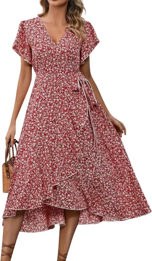 Floral Midi Dress for Women Summer V Neck Flutter Sleeve Empire Waist Belted Ruffle Midi Dress for Wedding Guest