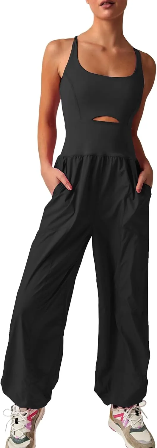 FOMELY Womens Running Onesie Workout Athletic Rompers One Piece Outfits Gym Overall Jumpsuits with Pockets