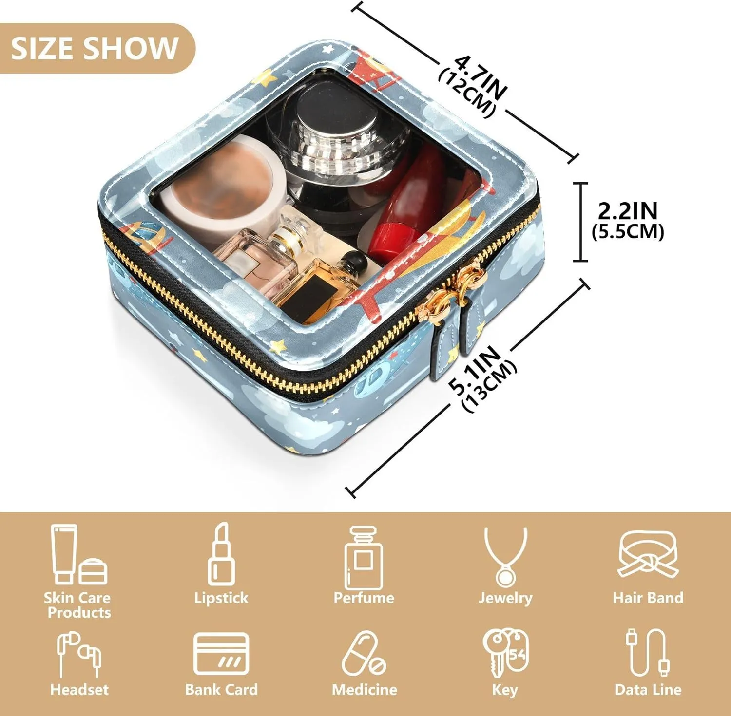 FRODOTGV Helicopter and Stars Cloud Silver Clear Small Makeup Bag for Purse Travel Toiletry Small Cosmetic Bags