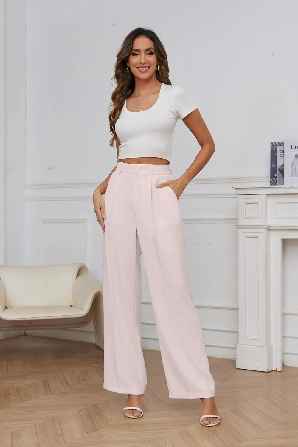 FUNYYZO Women Suit Pants Wide Leg Pants High Elastic Waisted in The Back Business Work Trousers Long Straight