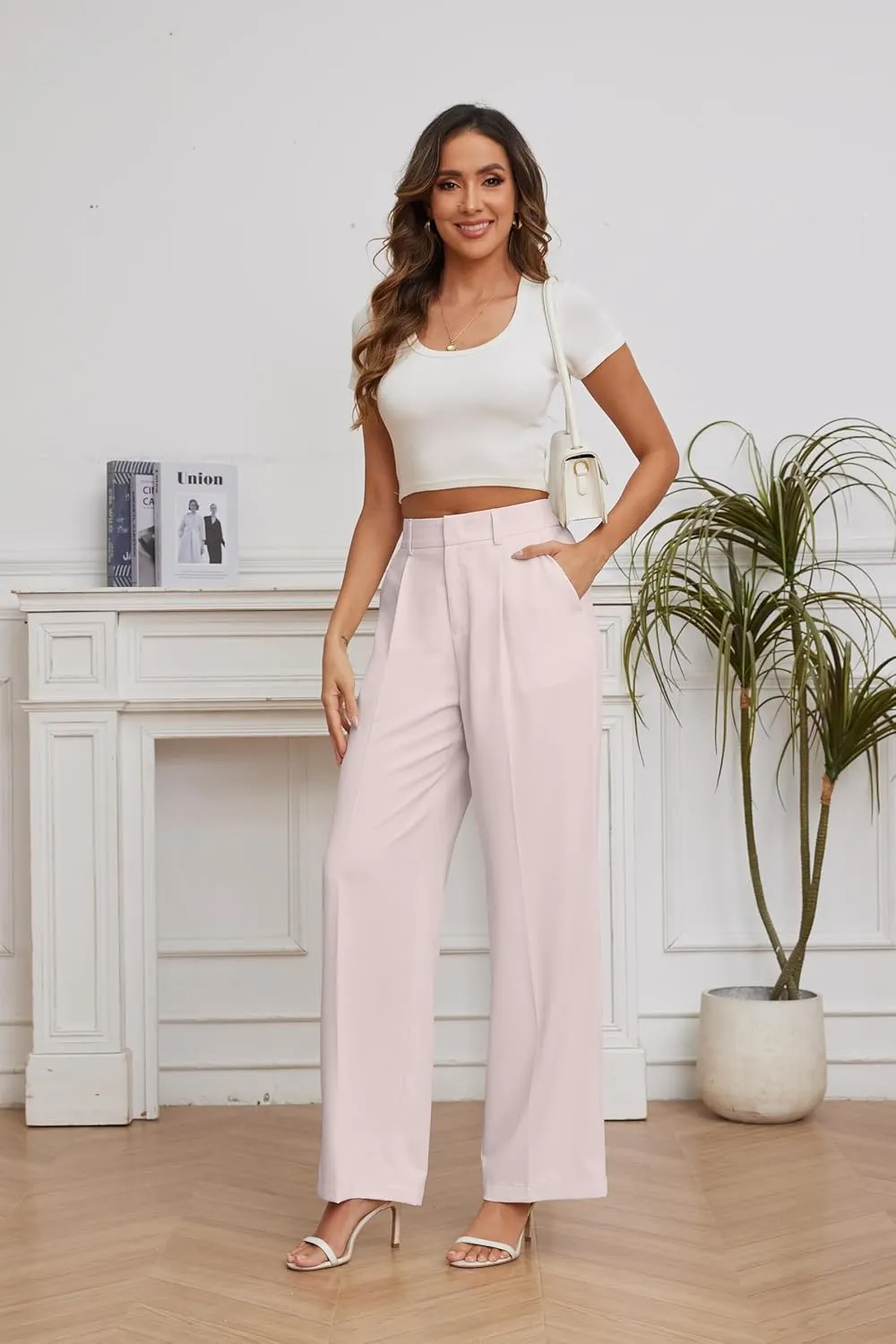 FUNYYZO Women Suit Pants Wide Leg Pants High Elastic Waisted in The Back Business Work Trousers Long Straight