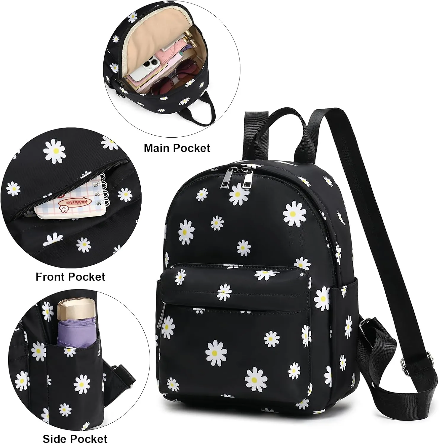 Girls Mini Backpack, Small Backpacks Purse for Women Teens Kids School Travel (Flowers Black)