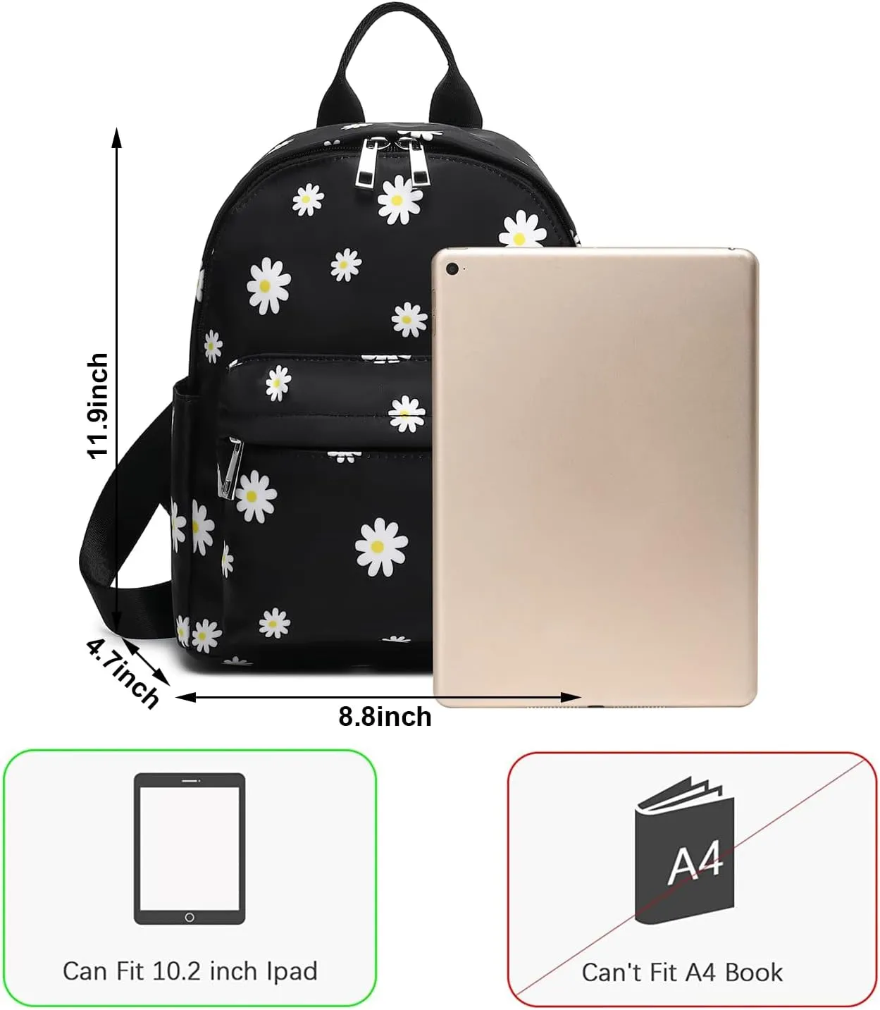 Girls Mini Backpack, Small Backpacks Purse for Women Teens Kids School Travel (Flowers Black)