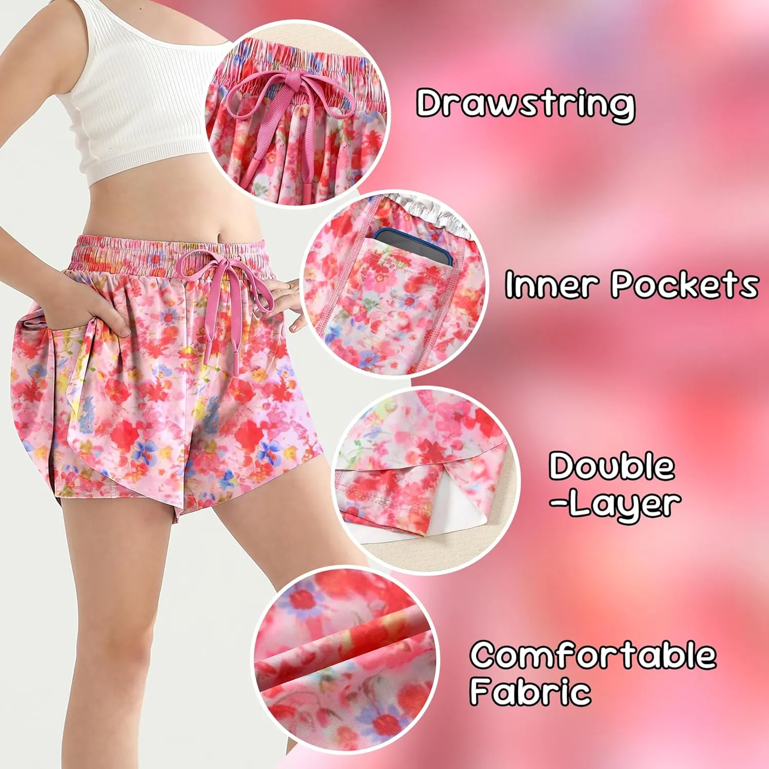 Girls Skorts Flowy Butterfly Shorts Spandex 2 in 1 with Pocket Skirt for Kids Tennis, Athletic, Running 5-13 Years